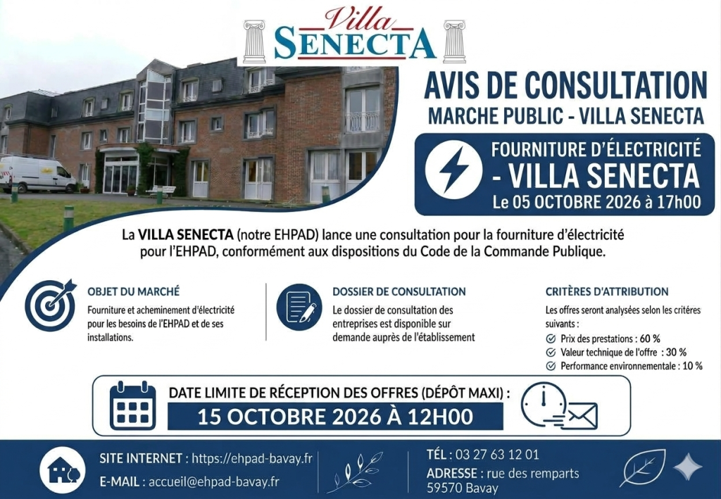 Avis de consultation - Marché public - Fourniture d'électricité - Villa Senecta